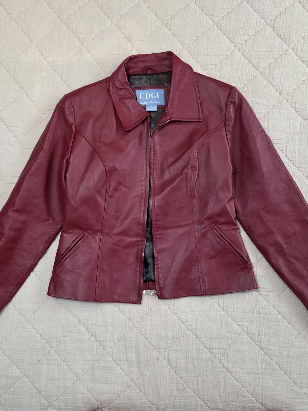 EDGE Women's Wine Red Leather Zip Jacket